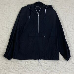 Zara Basic Black Nylon Half Zip Windbreaker Hooded with Kangaroo Pocket Medium